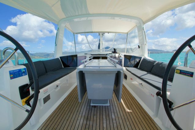 Whitsunday Escape sailing yacht Beneteau 411 cockpit looking forward from helms