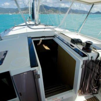 Whitsunday Escape sailing yacht Beneteau 411 cockpit looking forward from side over hatchway