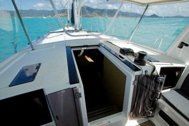 Whitsunday Escape sailing yacht Beneteau 411 cockpit looking forward from side over hatchway