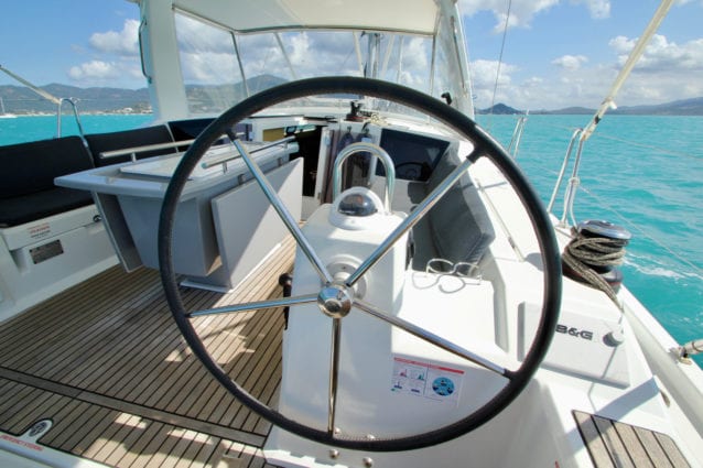 Whitsunday Escape sailing yacht Beneteau 411 helm starboard side looking forward