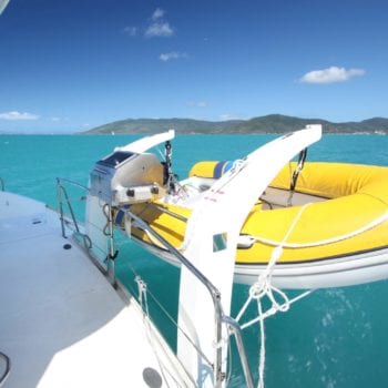 Whitsunday Escape sailing catamaran for hire Leopard 40 Classic dinghy davits