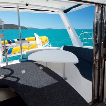 Whitsunday Escape sailing catamaran for hire Leopard 40 Classic inside looking out