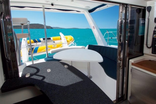 Whitsunday Escape sailing catamaran for hire Leopard 40 Classic inside looking out
