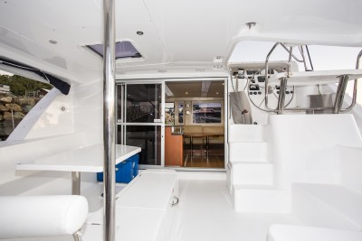 Whitsunday Escape Leopard 44 sailing catamaran cockpit saloon