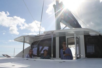 Whitsunday Escape Leopard 44 sailing catamaran cockpit fwd sunset drinks cheers relax girls trip afternoon