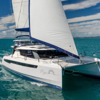 Mysa Leopard 50.5 Sailing Catamaran - On water bow view