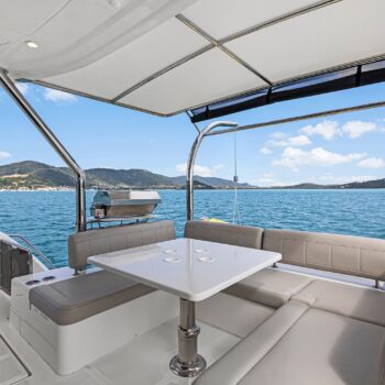 A picture of the seating area on the back deck of the Aquila 44.3 Power Catamaran