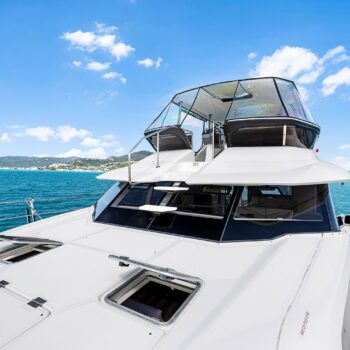 The bow of the Aquila 44.3 Power Catamaran being showcased