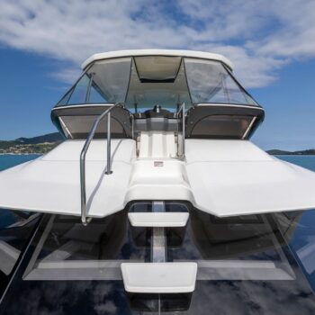 An image of the flybridge to deck stairs on the Aquila 44.3 Power Catamaran
