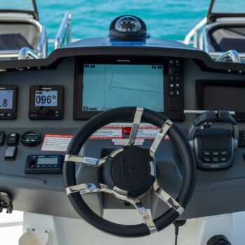 A photo of the helm station and electronics on the Aquila 44.3 Power Catamaran