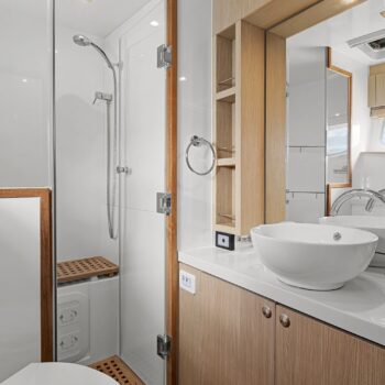 A photo showcasing the master ensuite of the Aquila 44.3 Power Catamaran