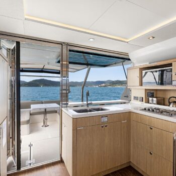The interior image of the Saloon on the Aquila 44.3 Power Catamaran