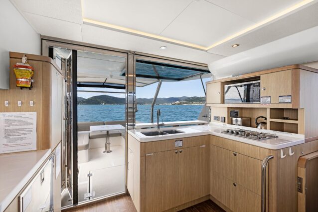 The interior image of the Saloon on the Aquila 44.3 Power Catamaran