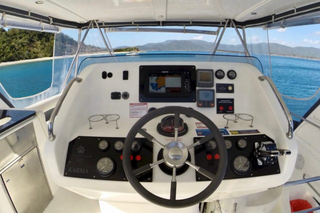 Leopard 47 Power Catamaran flybridge helm controls