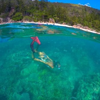 Lady swiming underwater with fish and coral