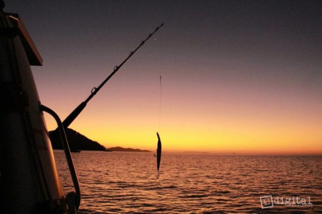 Sunset fishing looking over the water from your own barefoot sailing yacht
