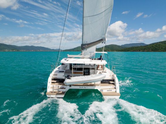 Seas The Day Leopard 42.3 Sailing Catamaran Under sail back view