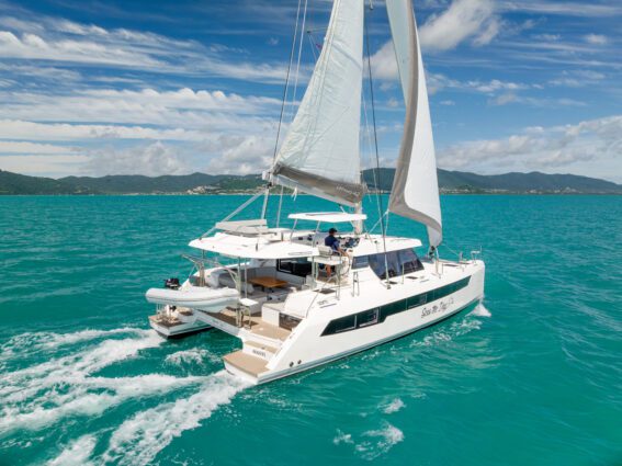 Seas The Day Leopard 42.3 Sailing Catamaran Under sail rear view