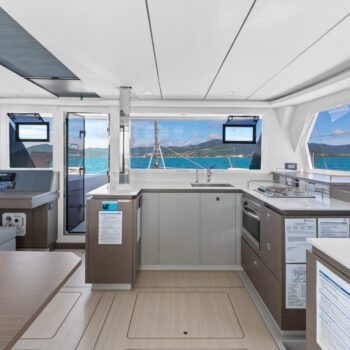 Seas the Day Leopard 42.3 Sailing catamaran Galley facing fwd door