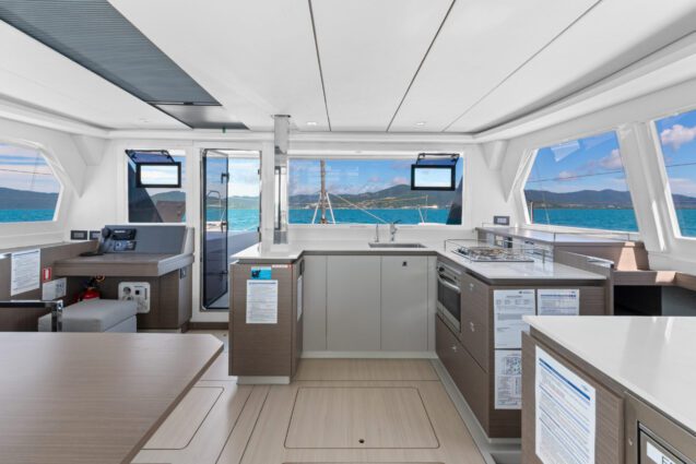 Seas the Day Leopard 42.3 Sailing catamaran Galley facing fwd door
