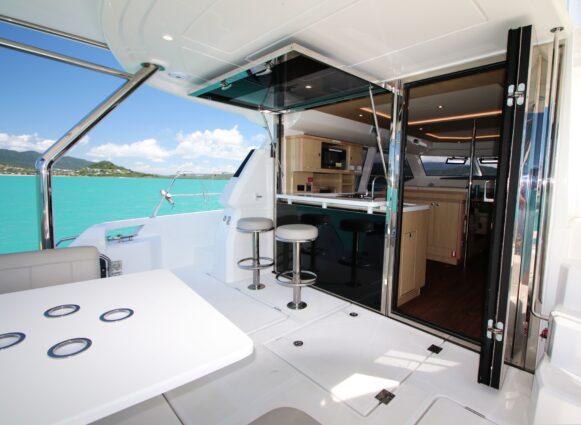 Aquila 44.3 Power catamaran showing the back deck area