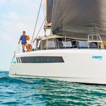Seawind 1370 Sidetracked on water shot from bow