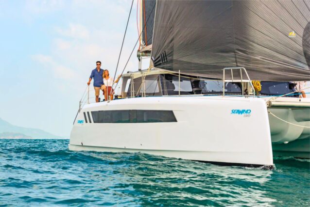 Seawind 1370 Sidetracked on water shot from bow